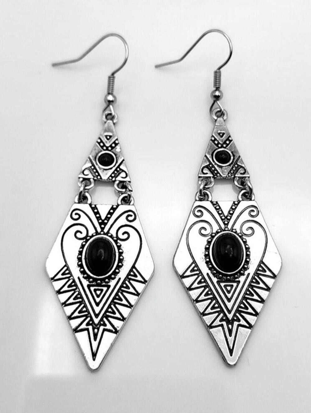 Nomadic Spear Silver Boho Engraved Blue Stone Earrings - Picture 1 of 3